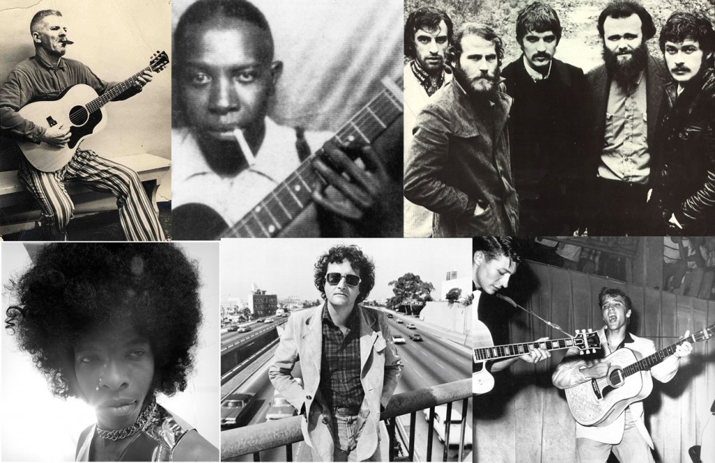 Arriba, desde la izquierda: Harmonica Frank, Robert Johnson y The Band. Abajo: Sly Stone, Randy Newman y Elvis Presley