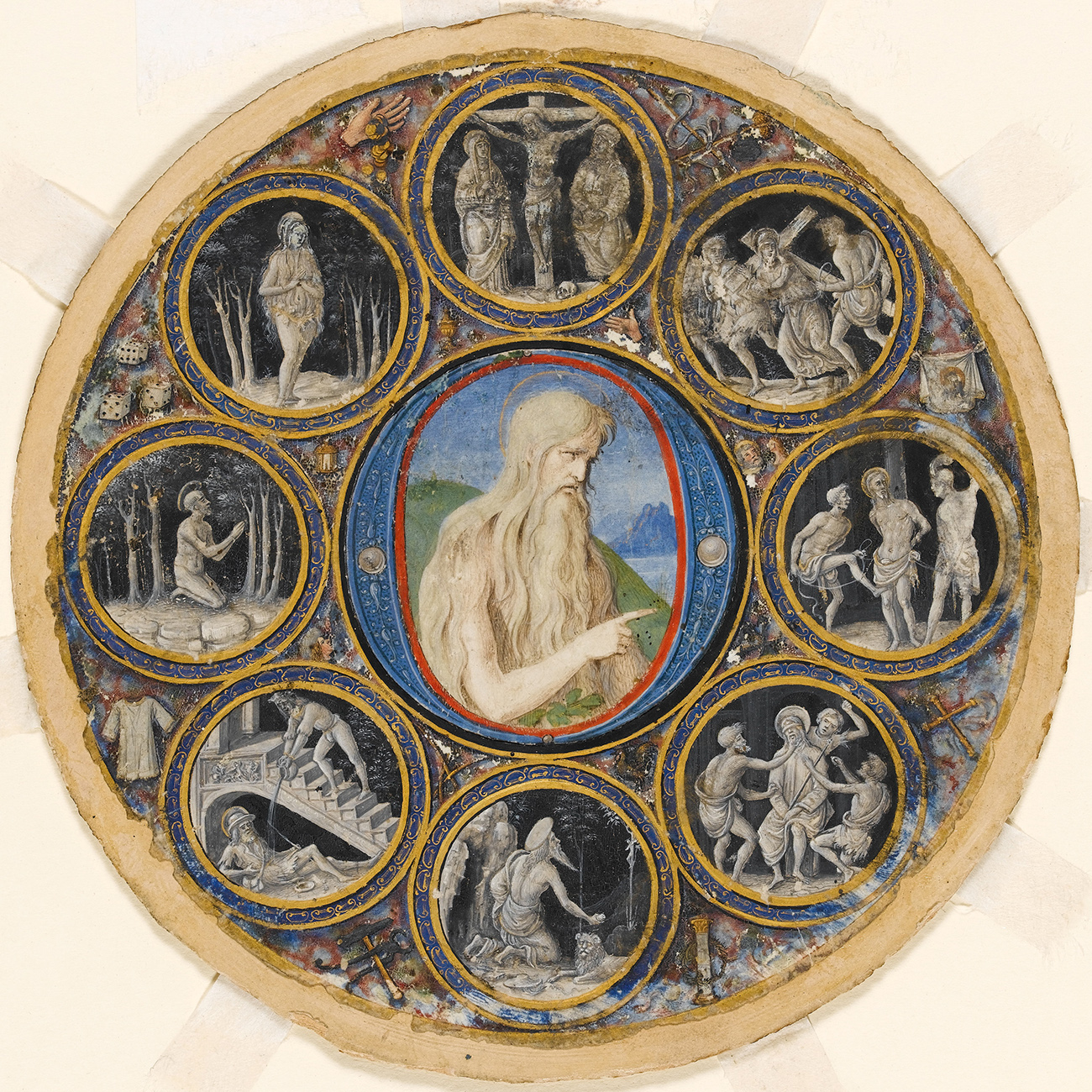 Historiated initial mounted within a roundel with medallion scenes, John the Baptist, Hermit Saints and scenes of Christ’s Passion. Bologna, Parma, Italy, 1490-­?1500 © The Fitzwilliam Museum, Cambridge