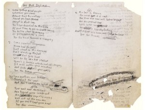 Letra de "The Times They are A-Changin" escrita a mano por Bob Dylan